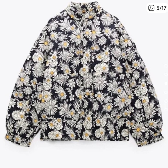 Zara Black Floral Daisy Bomber Jacket with White and Yellow Accents - Picture 2 of 9